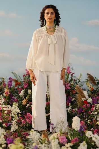 Buy_Label Rama_Off White Silk Cotton Solid Stand Collar Jasmine Peasant Sleeves Tie Up Neck Top_Online_at_Aza_Fashions