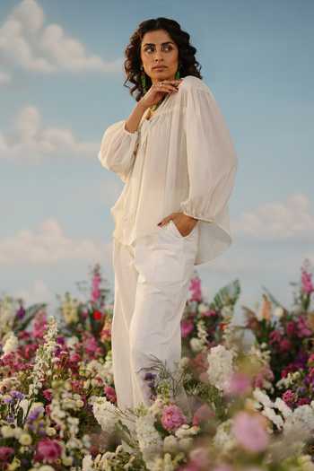 Shop_Label Rama_Off White Silk Cotton Solid Stand Collar Jasmine Peasant Sleeves Tie Up Neck Top_Online_at_Aza_Fashions