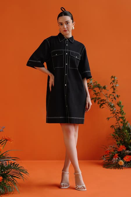 Label RaMa Black Handloom Cotton Solid Collar Neck Printemps Stitch Line Detail Shirt Dress 