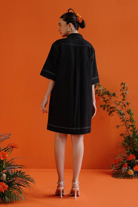 Shop Label Rama Black Handloom Cotton Solid Collar Neck Printemps Stitch Line Detail Shirt Dress at Aza Fashions Shop_Label Rama_Black Handloom Cotton Solid Collar Neck Printemps Stitch Line Detail Shirt Dress_at_Aza_Fashions