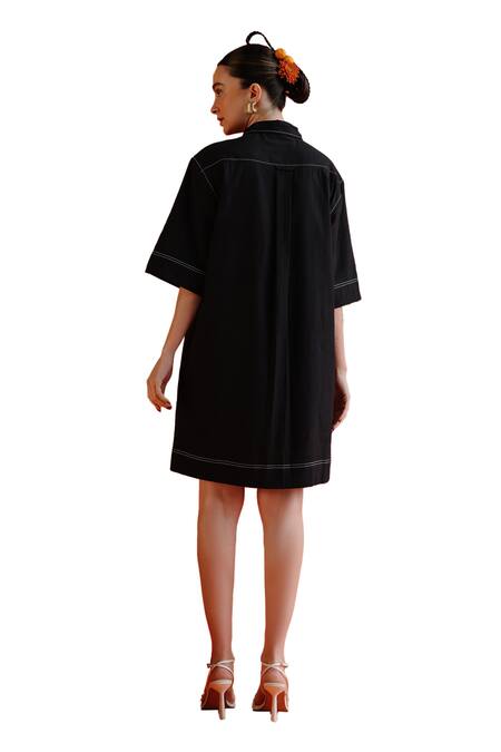 Label Rama Black Handloom Cotton Solid Collar Neck Printemps Stitch Line Detail Shirt Dress Online at Aza Fashions Label Rama_Black Handloom Cotton Solid Collar Neck Printemps Stitch Line Detail Shirt Dress_Online_at_Aza_Fashions