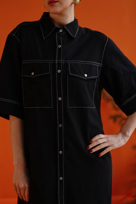 Buy Label Rama Black Handloom Cotton Solid Collar Neck Printemps Stitch Line Detail Shirt Dress Online at Aza Fashions Buy_Label Rama_Black Handloom Cotton Solid Collar Neck Printemps Stitch Line Detail Shirt Dress_Online_at_Aza_Fashions