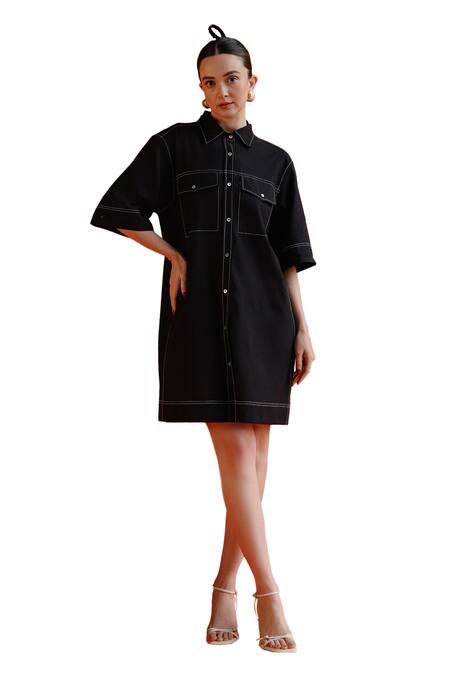 Shop Label Rama Black Handloom Cotton Solid Collar Neck Printemps Stitch Line Detail Shirt Dress Online at Aza Fashions Shop_Label Rama_Black Handloom Cotton Solid Collar Neck Printemps Stitch Line Detail Shirt Dress_Online_at_Aza_Fashions