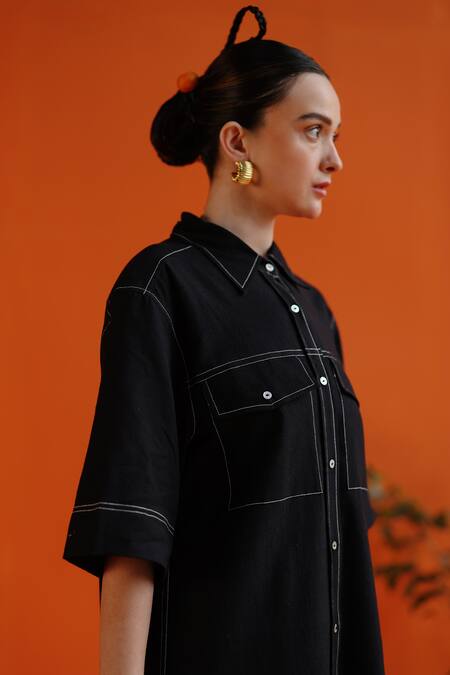 Label Rama Black Handloom Cotton Solid Collar Neck Printemps Stitch Line Detail Shirt Dress at Aza Fashions Label Rama_Black Handloom Cotton Solid Collar Neck Printemps Stitch Line Detail Shirt Dress_at_Aza_Fashions