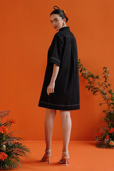 Buy Label Rama Black Handloom Cotton Solid Collar Neck Printemps Stitch Line Detail Shirt Dress Buy_Label Rama_Black Handloom Cotton Solid Collar Neck Printemps Stitch Line Detail Shirt Dress