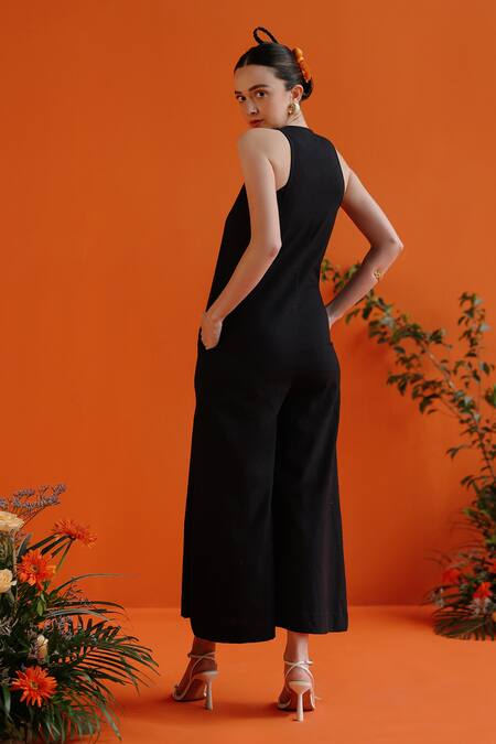 Shop_Label Rama_Black Handloom Cotton Halter Neck Hanami Solid Front Zippered Jumpsuit_at_Aza_Fashions