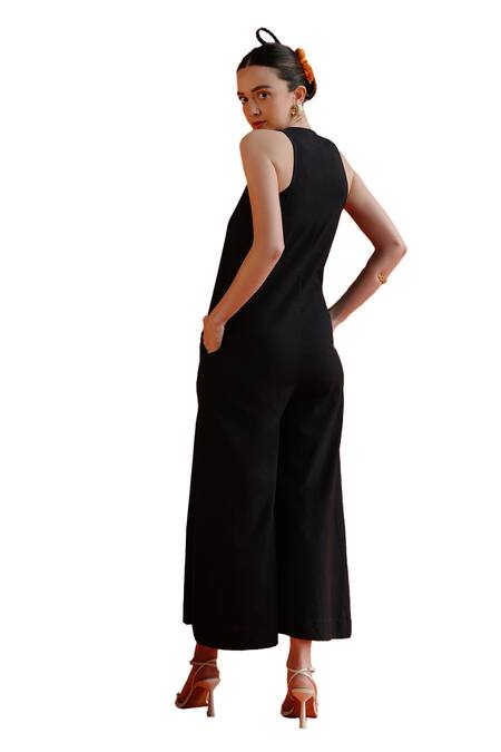 Label Rama_Black Handloom Cotton Halter Neck Hanami Solid Front Zippered Jumpsuit_Online_at_Aza_Fashions