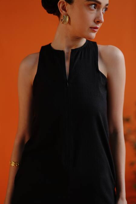 Buy_Label Rama_Black Handloom Cotton Halter Neck Hanami Solid Front Zippered Jumpsuit_Online_at_Aza_Fashions