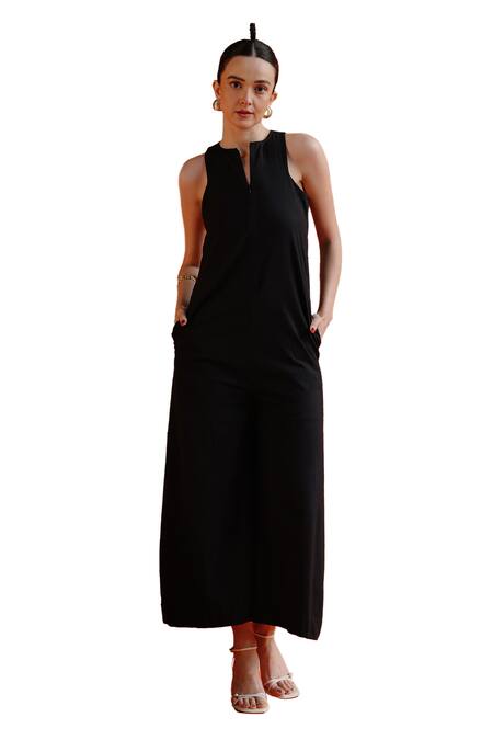 Shop_Label Rama_Black Handloom Cotton Halter Neck Hanami Solid Front Zippered Jumpsuit_Online_at_Aza_Fashions