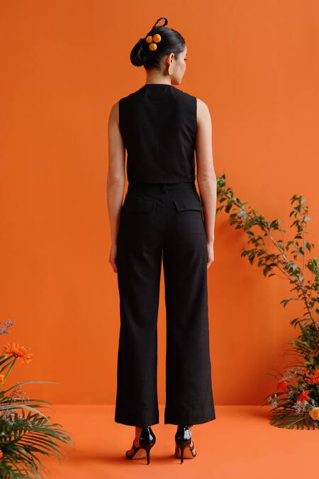 Shop_Label Rama_Black Handloom Cotton Solid Starling Trouser_at_Aza_Fashions