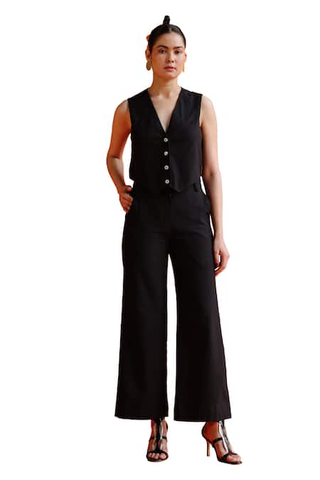 Label Rama_Black Handloom Cotton Solid Starling Trouser_at_Aza_Fashions