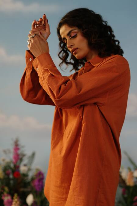 Label Rama_Brown Handloom Cotton Plain Collar Neck Primrose Pocket Top_Online_at_Aza_Fashions