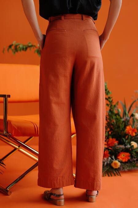 Shop_Label Rama_Brown Handloom Cotton Solid Box Pleated Trouser_at_Aza_Fashions