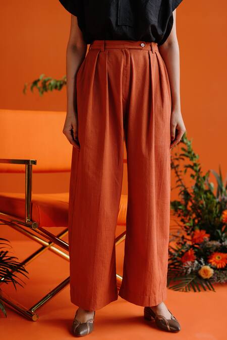Label Rama_Brown Handloom Cotton Solid Box Pleated Trouser_Online_at_Aza_Fashions