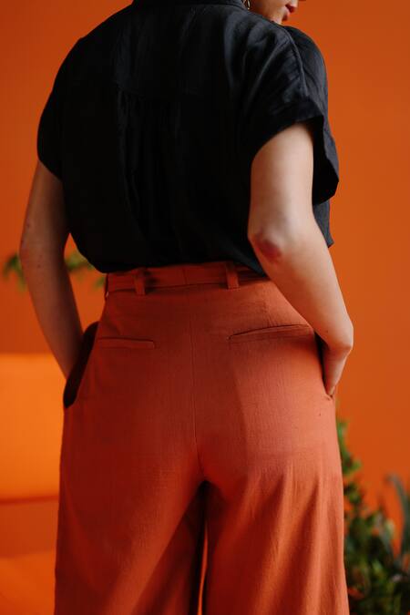 Buy_Label Rama_Brown Handloom Cotton Solid Box Pleated Trouser_Online_at_Aza_Fashions