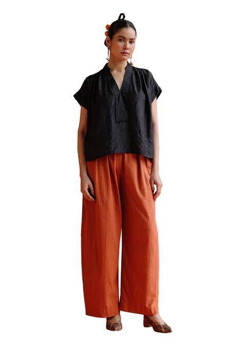 Label Rama_Brown Handloom Cotton Solid Box Pleated Trouser_at_Aza_Fashions