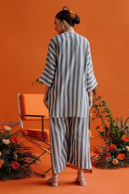 Shop_Label Rama_Off White Handloom Cotton Round Neck Bluebell Striped Tunic _at_Aza_Fashions
