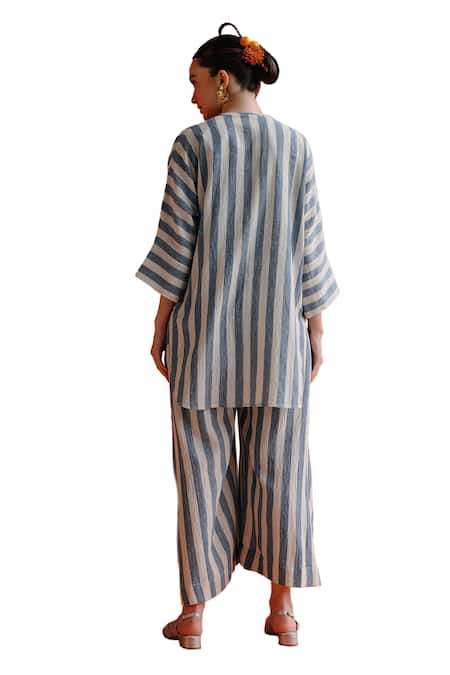 Label Rama_Off White Handloom Cotton Round Neck Bluebell Striped Tunic _Online_at_Aza_Fashions