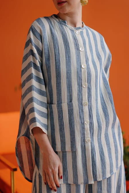 Buy_Label Rama_Off White Handloom Cotton Round Neck Bluebell Striped Tunic _Online_at_Aza_Fashions