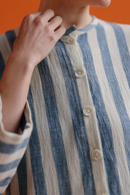 Shop_Label Rama_Off White Handloom Cotton Round Neck Bluebell Striped Tunic _Online_at_Aza_Fashions