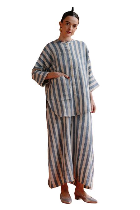 Label Rama_Off White Handloom Cotton Round Neck Bluebell Striped Tunic _at_Aza_Fashions