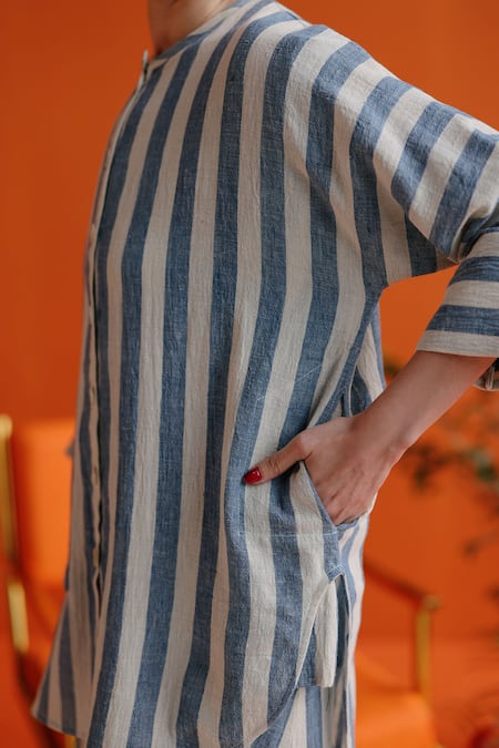 Buy_Label Rama_Off White Handloom Cotton Round Neck Bluebell Striped Tunic 
