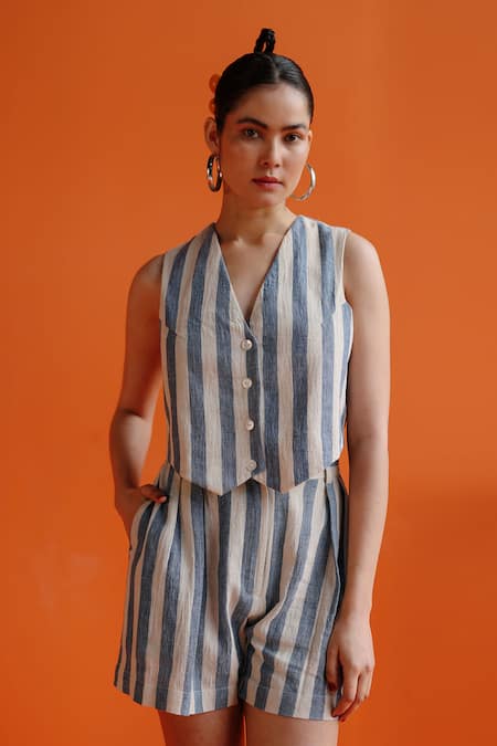 Label RaMa Vasanta Handloom Cotton Striped Waistcoat 