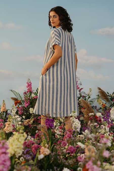 Shop Label Rama Off White Handloom Cotton Striped High Neck Spring Dream Dress at Aza Fashions Shop_Label Rama_Off White Handloom Cotton Striped High Neck Spring Dream Dress_at_Aza_Fashions