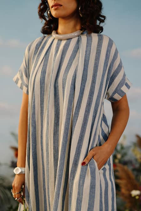 Label Rama Off White Handloom Cotton Striped High Neck Spring Dream Dress Online at Aza Fashions Label Rama_Off White Handloom Cotton Striped High Neck Spring Dream Dress_Online_at_Aza_Fashions