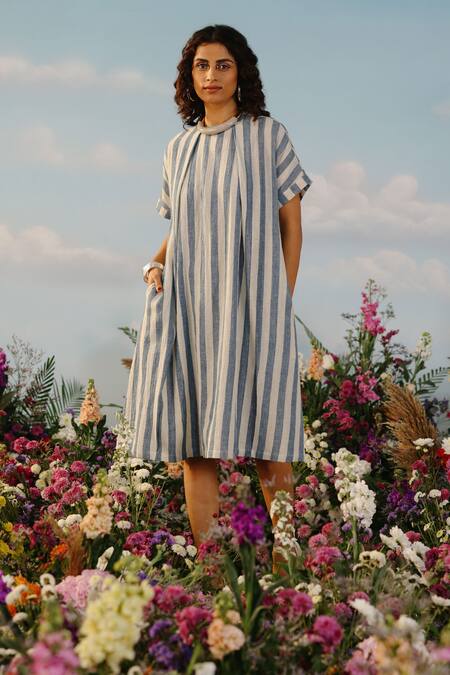 Buy Label Rama Off White Handloom Cotton Striped High Neck Spring Dream Dress Online at Aza Fashions Buy_Label Rama_Off White Handloom Cotton Striped High Neck Spring Dream Dress_Online_at_Aza_Fashions