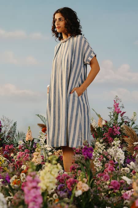 Shop Label Rama Off White Handloom Cotton Striped High Neck Spring Dream Dress Online at Aza Fashions Shop_Label Rama_Off White Handloom Cotton Striped High Neck Spring Dream Dress_Online_at_Aza_Fashions