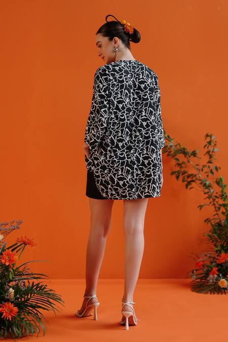 Shop_Label Rama_Black Handloom Cotton Print Bluebell Round Neck Boxy Shirt_at_Aza_Fashions