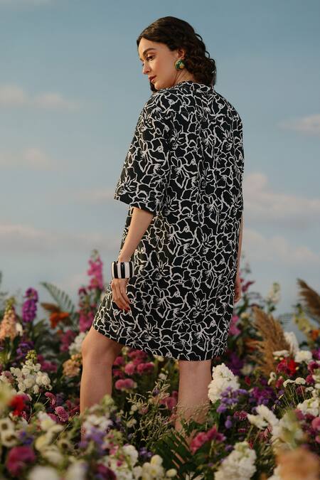 Shop Label Rama Black Handloom Cotton Print Floral Collar Neck Shirt Dress at Aza Fashions Shop_Label Rama_Black Handloom Cotton Print Floral Collar Neck Shirt Dress_at_Aza_Fashions