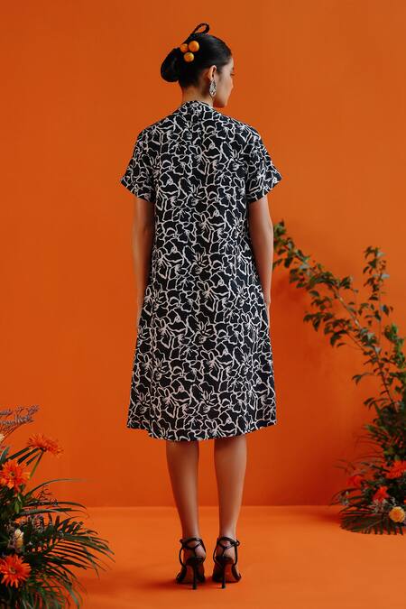 Shop Label Rama Black Handloom Cotton Print Blossom High Neck Dream Dress at Aza Fashions Shop_Label Rama_Black Handloom Cotton Print Blossom High Neck Dream Dress_at_Aza_Fashions