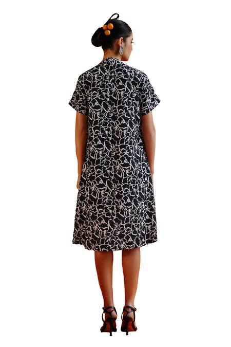Label Rama Black Handloom Cotton Print Blossom High Neck Dream Dress Online at Aza Fashions Label Rama_Black Handloom Cotton Print Blossom High Neck Dream Dress_Online_at_Aza_Fashions