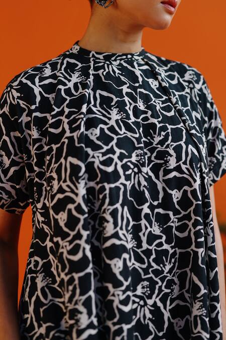 Buy Label Rama Black Handloom Cotton Print Blossom High Neck Dream Dress Online at Aza Fashions Buy_Label Rama_Black Handloom Cotton Print Blossom High Neck Dream Dress_Online_at_Aza_Fashions