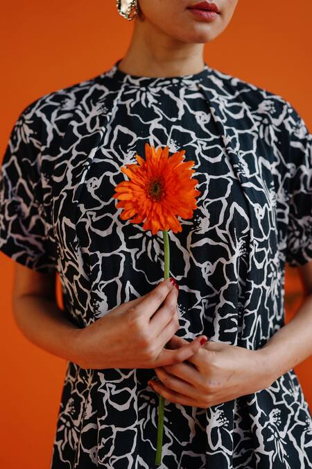 Shop Label Rama Black Handloom Cotton Print Blossom High Neck Dream Dress Online at Aza Fashions Shop_Label Rama_Black Handloom Cotton Print Blossom High Neck Dream Dress_Online_at_Aza_Fashions