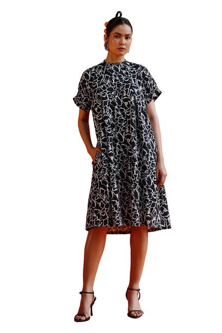 Label Rama Black Handloom Cotton Print Blossom High Neck Dream Dress at Aza Fashions Label Rama_Black Handloom Cotton Print Blossom High Neck Dream Dress_at_Aza_Fashions