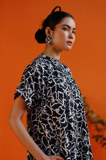 Buy Label Rama Black Handloom Cotton Print Blossom High Neck Dream Dress Buy_Label Rama_Black Handloom Cotton Print Blossom High Neck Dream Dress