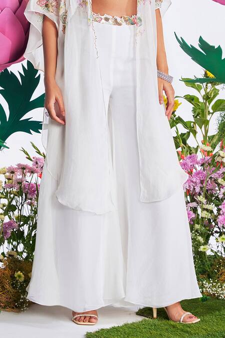 Nea By Nikita Tiwari_White Silk, Organza Sequins Plunge Neck Lotus Embroidered Cape With Sharara Set _Online_at_Aza_Fashions