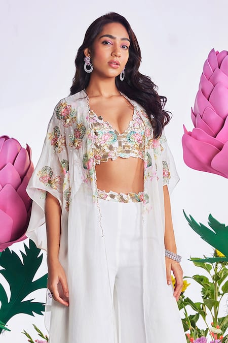 Buy_Nea By Nikita Tiwari_White Silk, Organza Sequins Plunge Neck Lotus Embroidered Cape With Sharara Set _Online_at_Aza_Fashions