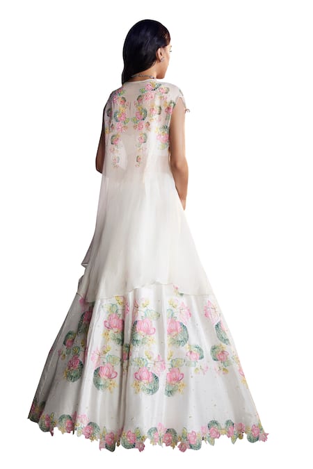 Nea By Nikita Tiwari_White Silk, Organza Sequins, Beads Lotus Embroidered Lehenga Set With Cape _Online_at_Aza_Fashions