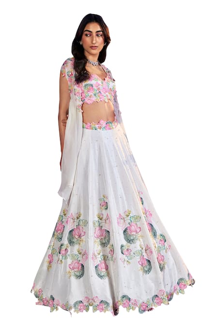 Buy_Nea By Nikita Tiwari_White Silk, Organza Sequins, Beads Lotus Embroidered Lehenga Set With Cape _Online_at_Aza_Fashions