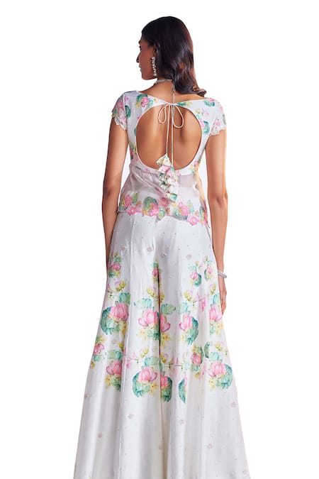 Nea By Nikita Tiwari_White Organza, Silk Sequins, Beads Lotus Embroidered Peplum Top Sharara Set _Online_at_Aza_Fashions