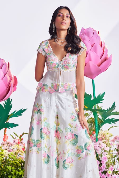 Buy_Nea By Nikita Tiwari_White Organza, Silk Sequins, Beads Lotus Embroidered Peplum Top Sharara Set _Online_at_Aza_Fashions