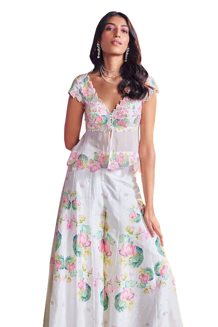 Shop_Nea By Nikita Tiwari_White Organza, Silk Sequins, Beads Lotus Embroidered Peplum Top Sharara Set _Online_at_Aza_Fashions