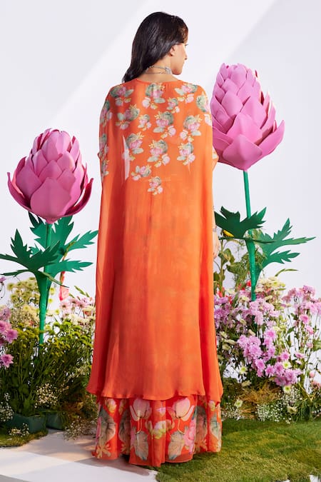 Nea By Nikita Tiwari Lotus Print Embroidered Cape With Sharara Set 