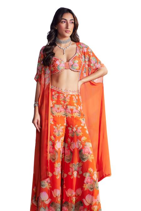 Nea By Nikita Tiwari Orange Silk, Organza Sequins, Lotus Print Embroidered Cape With Sharara Set Online at Aza Fashions Nea By Nikita Tiwari_Orange Silk, Organza Sequins, Lotus Print Embroidered Cape With Sharara Set _Online_at_Aza_Fashions