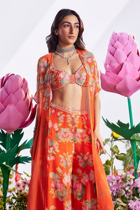 Buy Nea By Nikita Tiwari Orange Silk, Organza Sequins, Lotus Print Embroidered Cape With Sharara Set Online at Aza Fashions Buy_Nea By Nikita Tiwari_Orange Silk, Organza Sequins, Lotus Print Embroidered Cape With Sharara Set _Online_at_Aza_Fashions