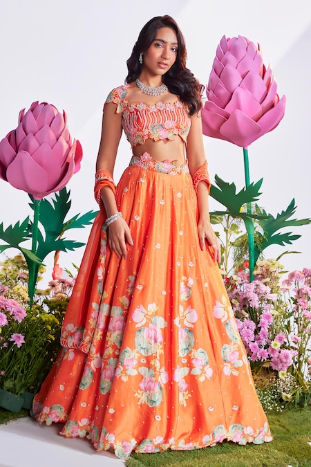 Nea by Nikita Tiwari Orange Raw Silk Hand Embroidered Lotus Cutout Print Lehenga Set